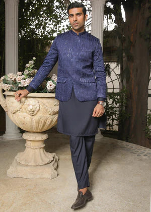 Blue Embroided Prince Coat on Blue - Abdullah Amin By Muraqsh