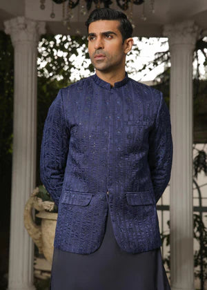 Blue Embroided Prince Coat on Blue - Abdullah Amin By Muraqsh