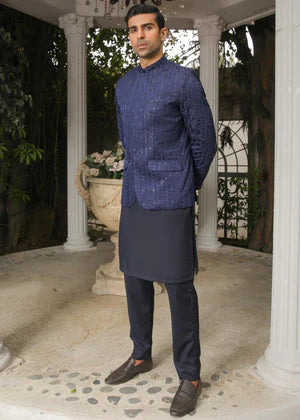 Blue Embroided Prince Coat on Blue - Abdullah Amin By Muraqsh