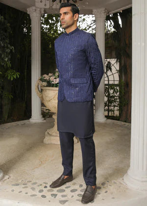 Blue Embroided Prince Coat on Blue - Abdullah Amin By Muraqsh