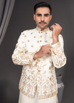 Dress Designers Ivory & Golden EMB Prince Coat