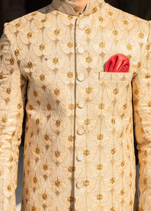 Beige Golden Embroidered Sherwani DD003 - Dress Designers