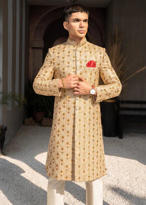 Beige Golden Embroidered Sherwani DD003 - Dress Designers