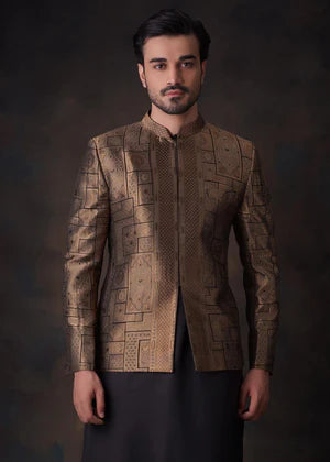 Baroque Black and Gold Prince coat - House Of Arsalan Iqbal