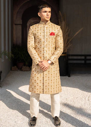 Beige Golden Embroidered Sherwani DD003 - Dress Designers