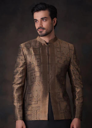 Baroque Black and Gold Prince coat - House Of Arsalan Iqbal