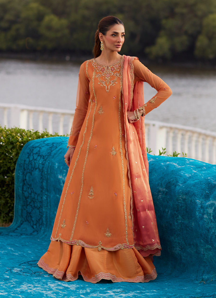 Farah Talib Aziz | Mayna Festive Luxe Pret | Anarkali Apricot Kalidaar And Dupatta