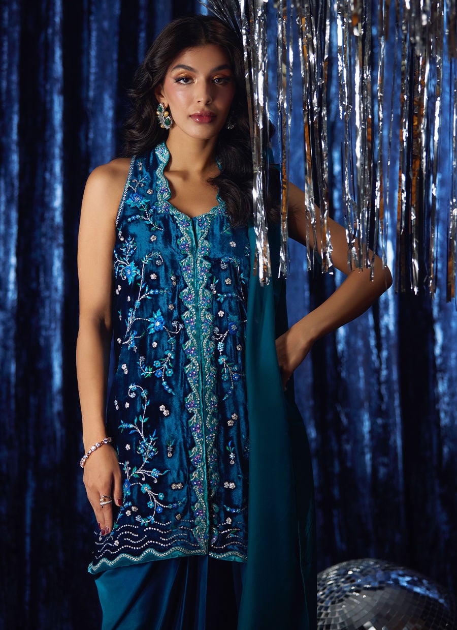Farah Talib Aziz | Velvet Fete 4 | Pri Prussian Blue Saari Jacket