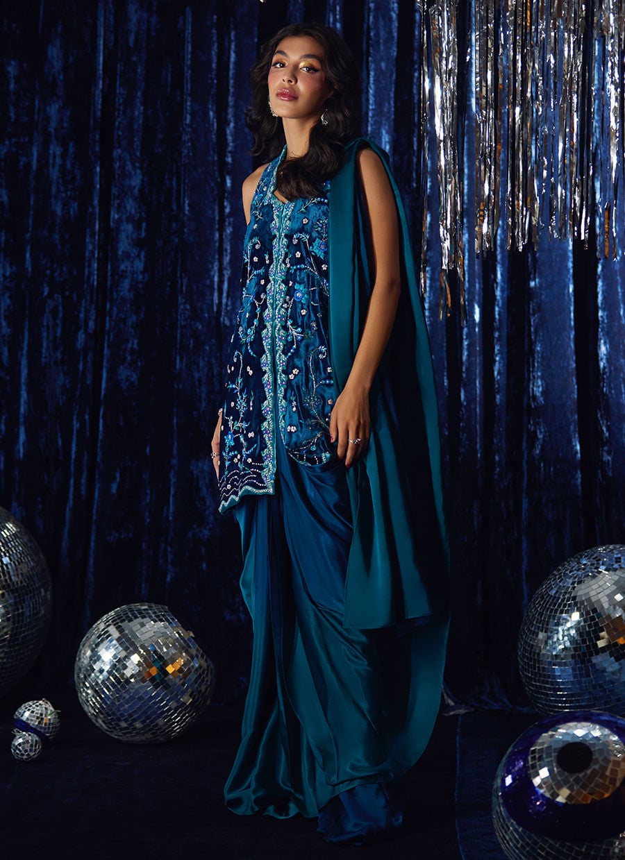 Farah Talib Aziz | Velvet Fete 4 | Pri Prussian Blue Saari Jacket