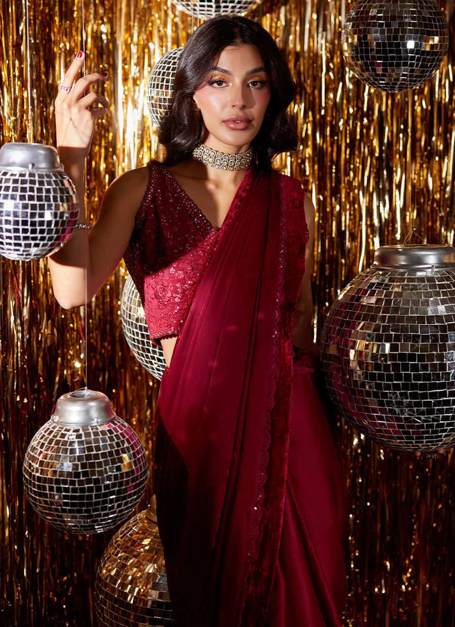 Farah Talib Aziz | Velvet Fete 4 | Carmine Charmeuse Saree And Velvet Blouse