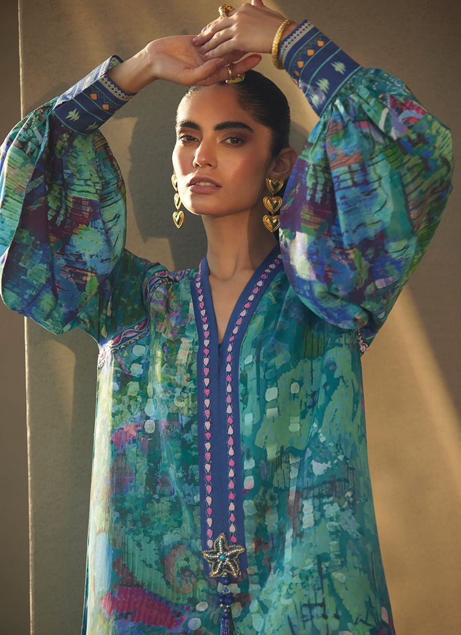Farah Talib Aziz | Laani The Kaftan Edit | Tulum Blue Crepe