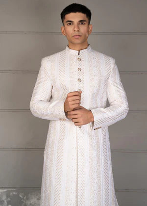 White And Golden Groom Sherwani DD001 - Dress Designers