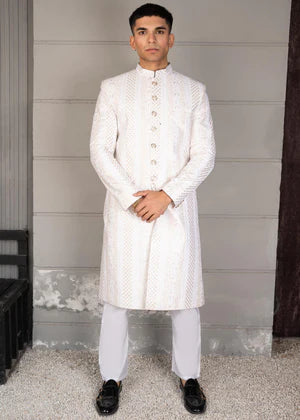 White And Golden Groom Sherwani DD001 - Dress Designers