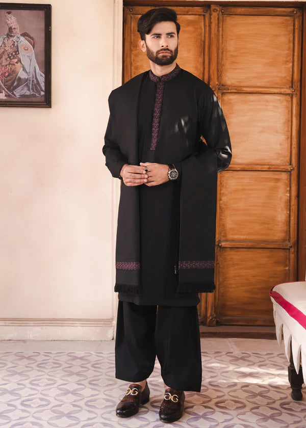 Regular Fit Kurta Shalwar with Shawl - Black - 25 - Arshad Mens Wear