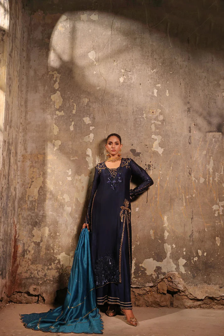Wahaj M Khan | Banno Wedding Formals | Navy Slit Bano Silk