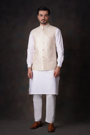 Cream & Gold 2.0 embroidered waistcoat set - House Of Arsalan Iqbal