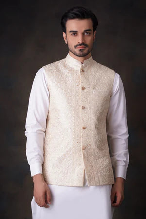Cream & Gold 2.0 embroidered waistcoat set - House Of Arsalan Iqbal