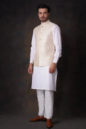 Cream & Gold 2.0 embroidered waistcoat set - House Of Arsalan Iqbal