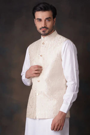 Cream & Gold 2.0 embroidered waistcoat set - House Of Arsalan Iqbal