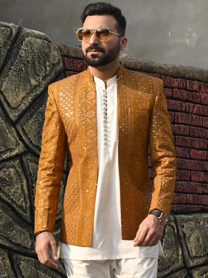 Golden Embroidered Front Open Princecoat - HK Fashion