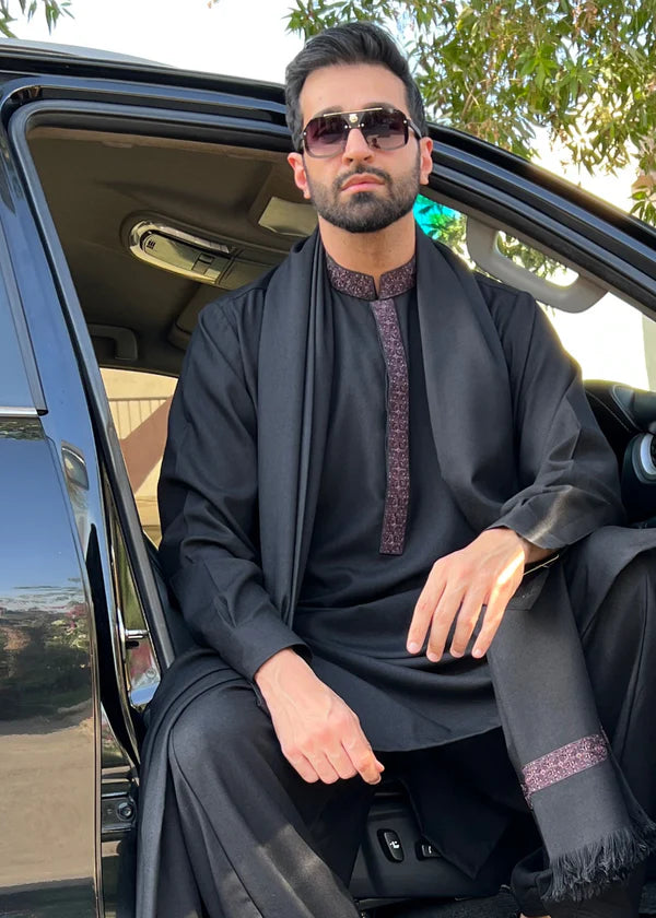 Regular Fit Kurta Shalwar with Shawl - Black - 25 - Arshad Mens Wear