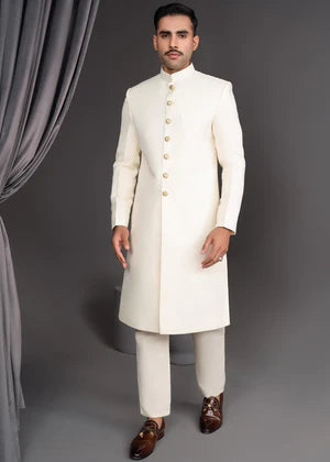 Ivory Self Texture Simple Sherwani - Dress Designers