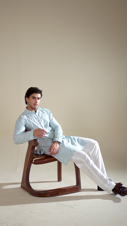 Muraqsh Abroo - Ice Blue Raw Silk Embroidered Kurta Trouser - Men