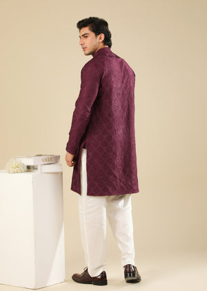 Muraqsh Miras - Maroon Raw Silk Embroidered Kurta Trouser - Men