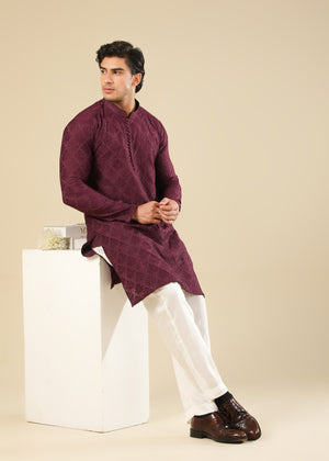 Muraqsh Miras - Maroon Raw Silk Embroidered Kurta Trouser - Men