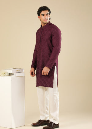Muraqsh Miras - Maroon Raw Silk Embroidered Kurta Trouser - Men