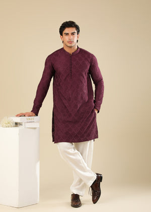Muraqsh Miras - Maroon Raw Silk Embroidered Kurta Trouser - Men