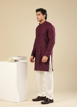 Muraqsh Miras - Maroon Raw Silk Embroidered Kurta Trouser - Men