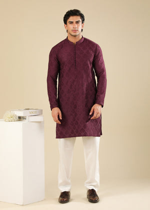 Muraqsh Miras - Maroon Raw Silk Embroidered Kurta Trouser - Men