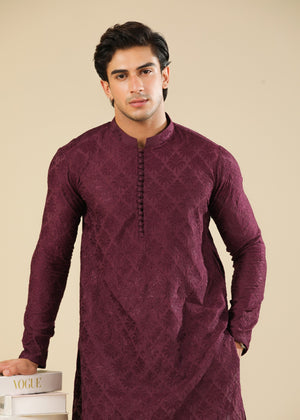 Muraqsh Miras - Maroon Raw Silk Embroidered Kurta Trouser - Men
