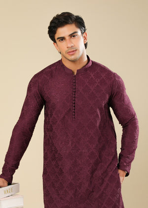 Muraqsh Miras - Maroon Raw Silk Embroidered Kurta Trouser - Men