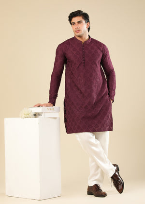 Muraqsh Miras - Maroon Raw Silk Embroidered Kurta Trouser - Men