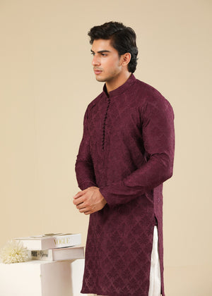 Muraqsh Miras - Maroon Raw Silk Embroidered Kurta Trouser - Men