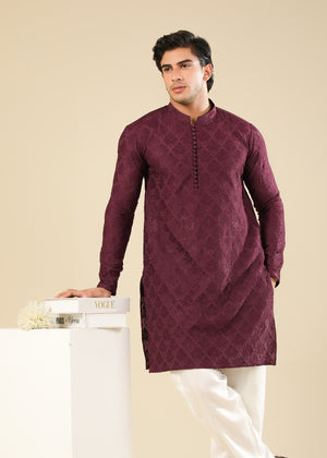 Muraqsh Miras - Maroon Raw Silk Embroidered Kurta Trouser - Men