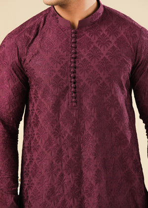 Muraqsh Miras - Maroon Raw Silk Embroidered Kurta Trouser - Men