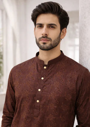J Pardesi Zarrar Brown Embroidered Kurta Pajama