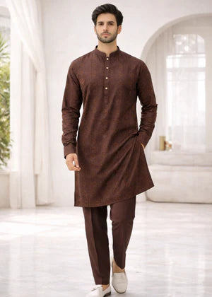J Pardesi Zarrar Brown Embroidered Kurta Pajama