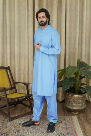 Maqsood Garments MEN'S SKY BLUE WASH'N WEAR KAMEEZ SHALWAR