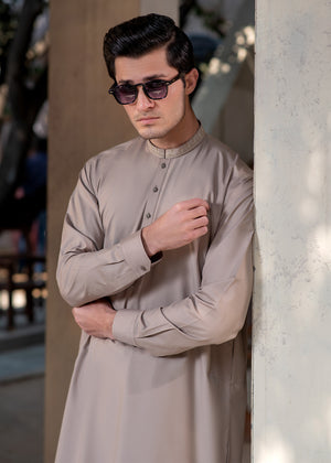 Buraq Men's Premium Ban-Embroidered Kameez Shalwar - Light Brown / Classic Fit.