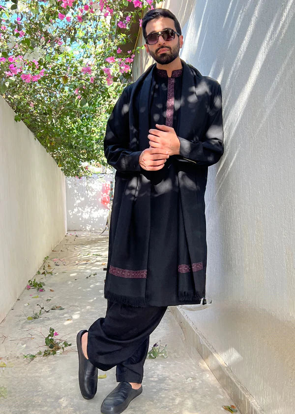 Regular Fit Kurta Shalwar with Shawl - Black - 25 - Arshad Mens Wear
