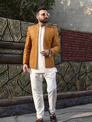 Golden Embroidered Front Open Princecoat - HK Fashion