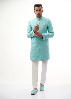 Sky blue Rawsilk all embroidered sherwani - House Of Arsalan Iqbal