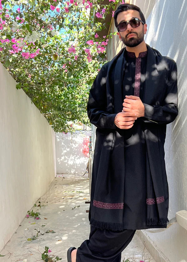 Regular Fit Kurta Shalwar with Shawl - Black - 25 - Arshad Mens Wear
