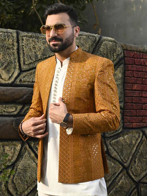 Golden Embroidered Front Open Princecoat - HK Fashion