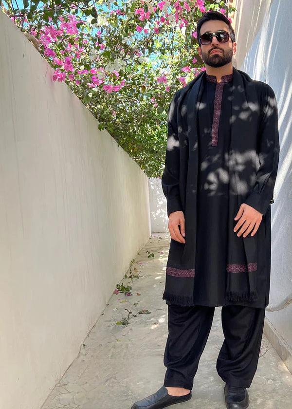 Regular Fit Kurta Shalwar with Shawl - Black - 25 - Arshad Mens Wear