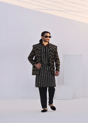 J Pardesi Geometric Zigzag Black Princecoat Frontopen
